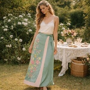 California Style Green Floral Silk Wrap Skirt Size 4 Petite Romantic Boho
